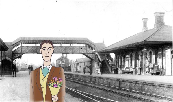 Cartoon of a man holding a bunch of flowers with an old photo of Solihull Station