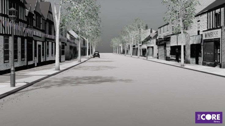 still image of 3D buildings lining a high street.