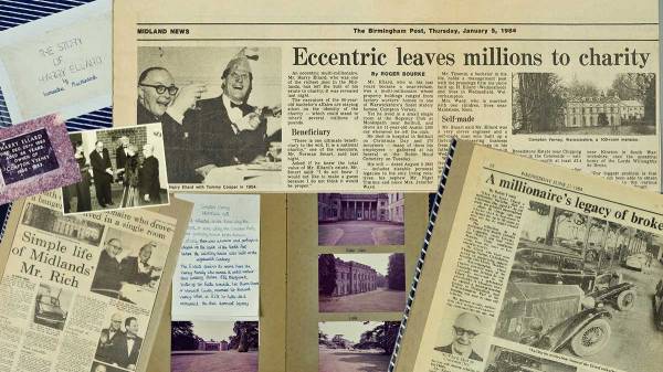collage of scrapbook and cuttings about Harry Ellard