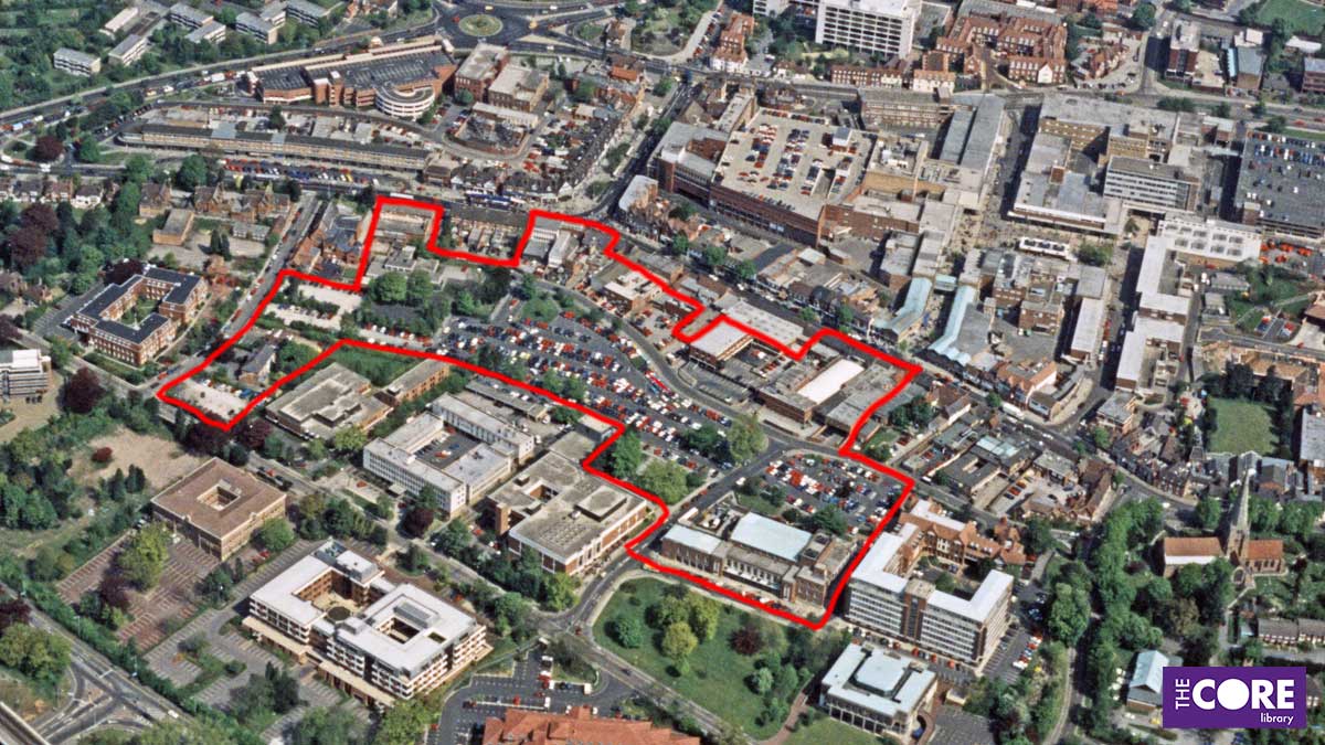 Aerial photograph of Solihull town centre with Touchwood site outlined